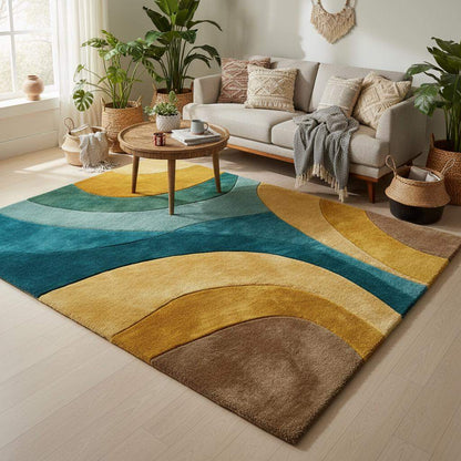 Retro abstract wave wool rug in teal, mustard, aqua, and brown with hand-tufted plush texture for modern living room and bedroom decor