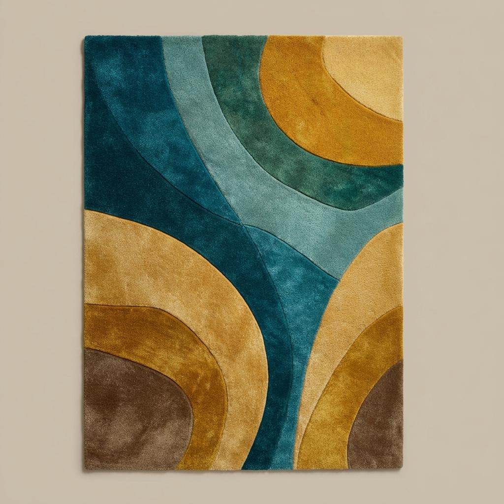 Retro abstract wave wool rug in teal, mustard, aqua, and brown with mid-century modern design, hand-tufted and plush for living room or bedroom décor.