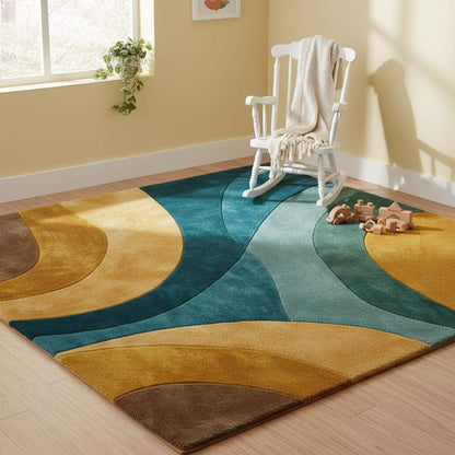 Retro abstract wave wool rug in teal mustard with curved lines and plush texture