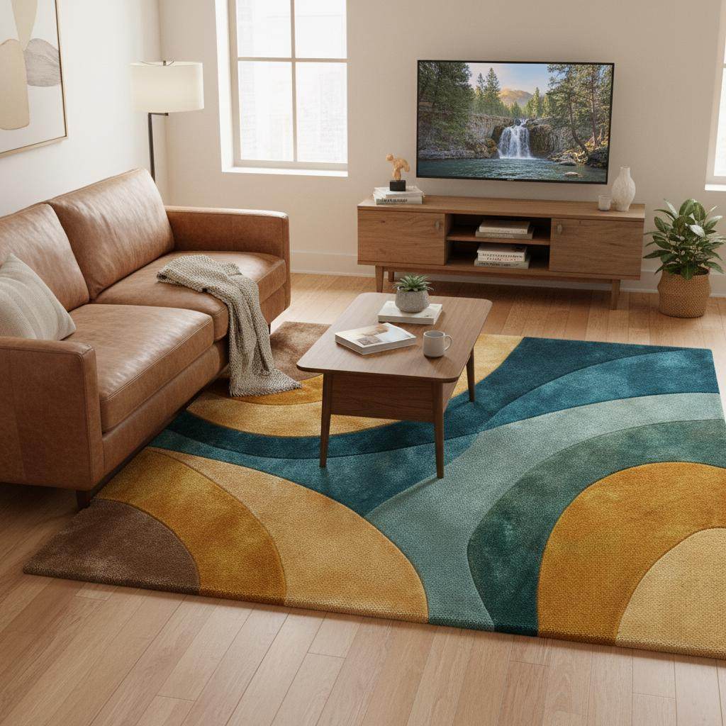 Retro abstract wave wool rug with teal, mustard, aqua, and brown curved lines in mid-century style
