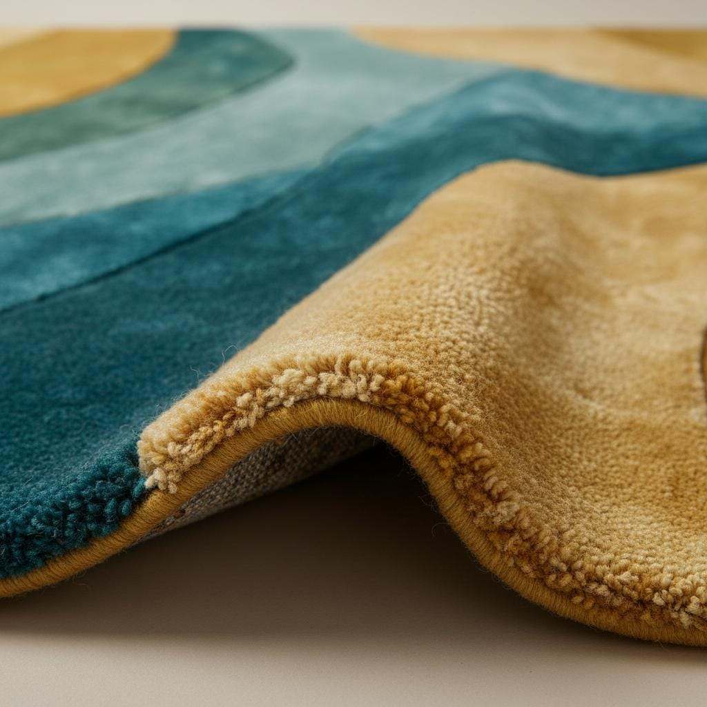Retro abstract wave wool rug in teal, mustard, aqua, and brown with a hand-tufted, mid-century modern design.