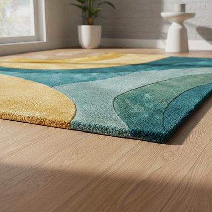 Retro abstract wave wool rug in teal and mustard with mid-century modern design and hand-tufted texture