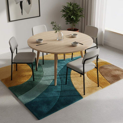 Retro abstract wave wool rug in teal, mustard, aqua, and brown with a 70s mid-century modern design and plush hand-tufted texture