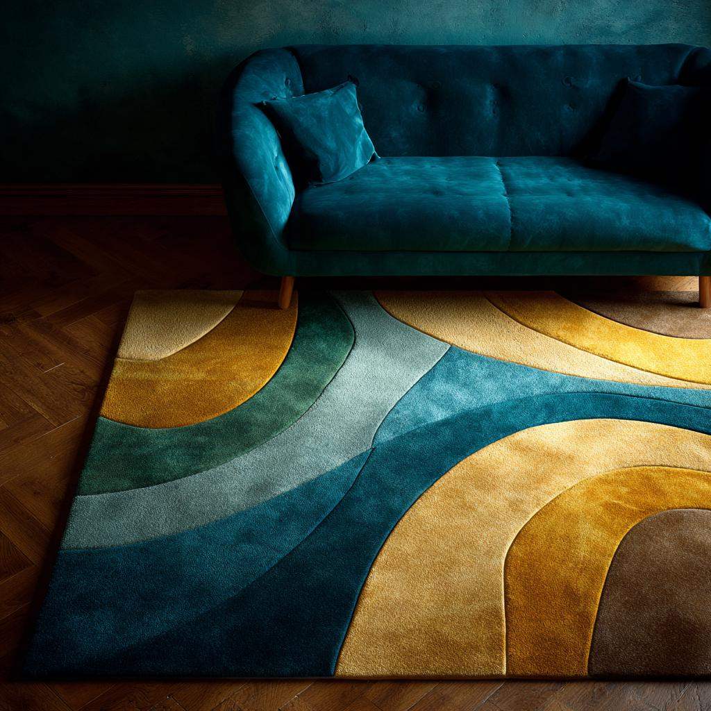 Retro abstract wave wool rug with teal, mustard, aqua, and brown curved lines in mid-century modern style