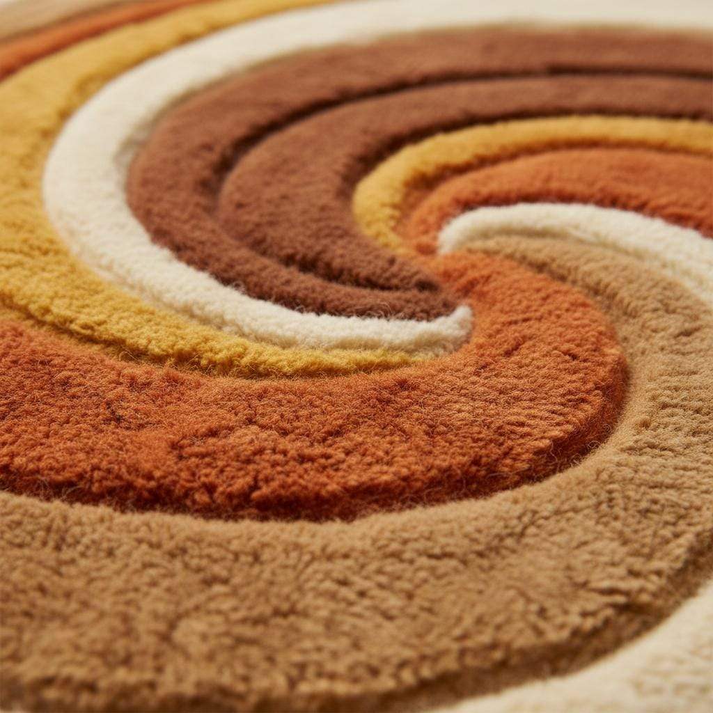 Retro Abstract Wool Area Rug, Hand Tufted High Pile Swirl Carpet, Mid Century Modern Living Room Rug, Warm Orange Mustard Home Decor