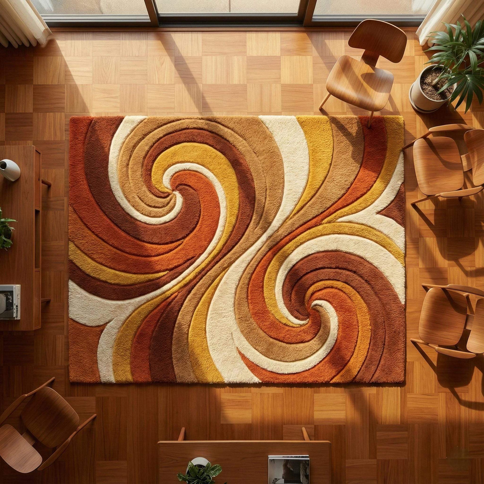 Retro abstract wool area rug with warm orange and mustard swirl pattern, hand-tufted high pile carpet for mid-century modern living room decor