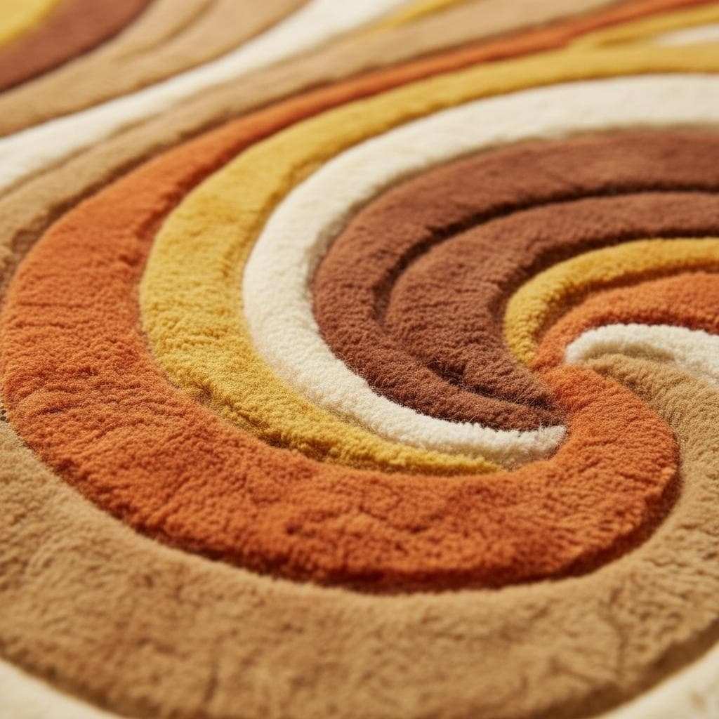 Close-up of hand tufted wool rug showing thick high pile texture, sculpted swirl carving, dense wool fibers and plush handmade craftsmanship