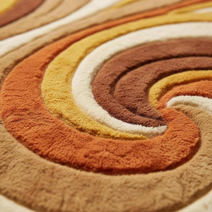 Close-up of hand tufted wool rug showing thick high pile texture, sculpted swirl carving, dense wool fibers and plush handmade craftsmanship