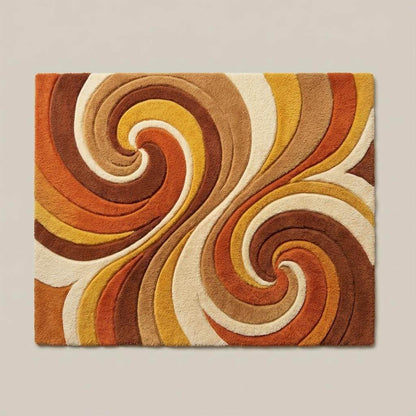 Abstract swirl pattern rug with flowing curved lines and layered carving creating depth and movement in a retro inspired design