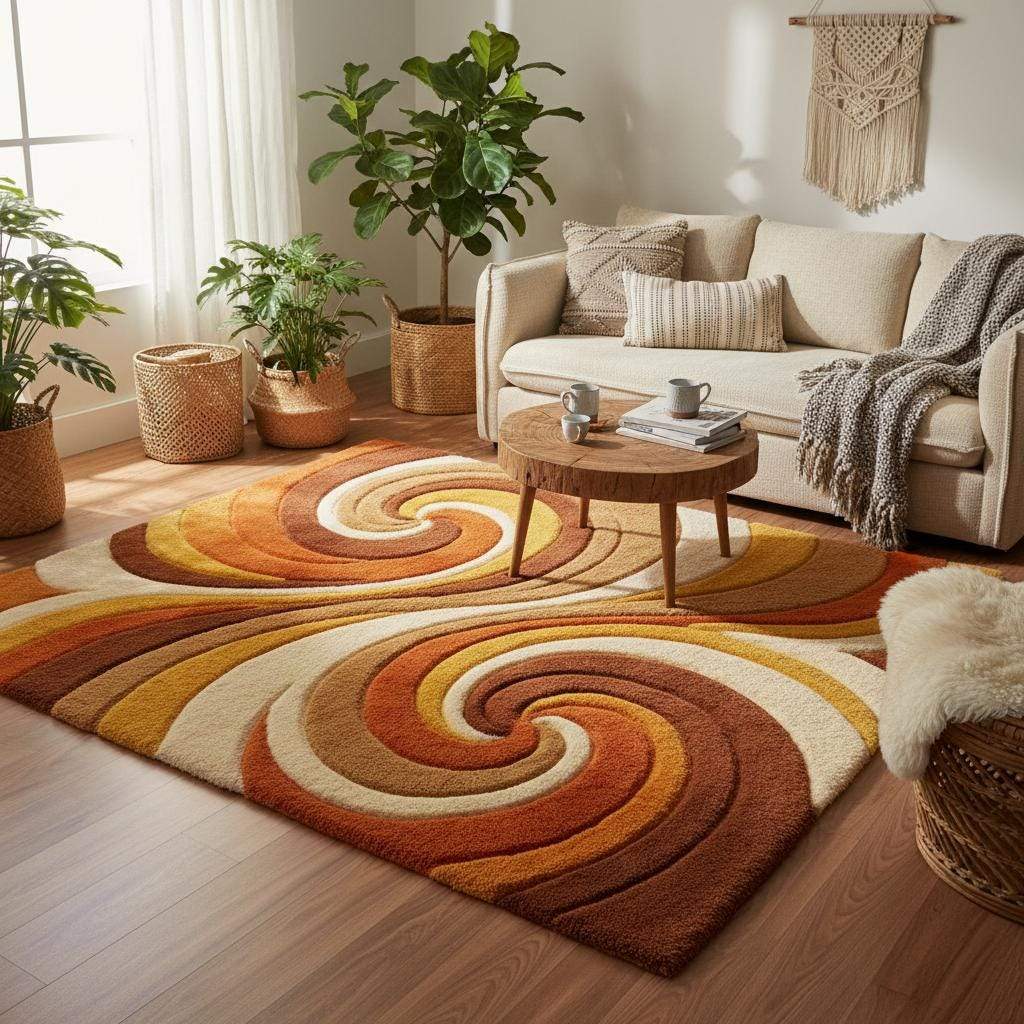 Mid century modern living room styled with a retro abstract wool rug on wooden flooring, warm sunlight and modern furniture