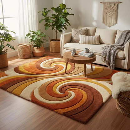 Mid century modern living room styled with a retro abstract wool rug on wooden flooring, warm sunlight and modern furniture