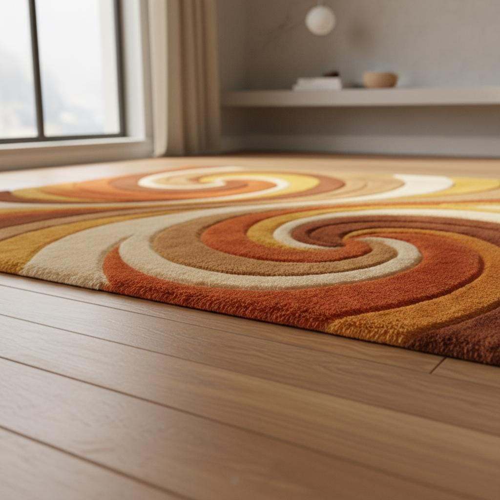 Retro Abstract Wool Area Rug, Hand Tufted High Pile Swirl Carpet, Mid Century Modern Living Room Rug, Warm Orange Mustard Home Decor
