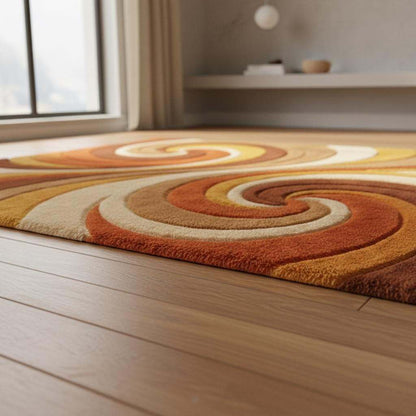 Retro Abstract Wool Area Rug, Hand Tufted High Pile Swirl Carpet, Mid Century Modern Living Room Rug, Warm Orange Mustard Home Decor