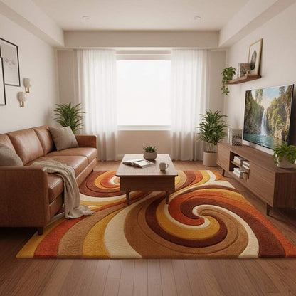 Retro Abstract Wool Area Rug, Hand Tufted High Pile Swirl Carpet, Mid Century Modern Living Room Rug, Warm Orange Mustard Home Decor