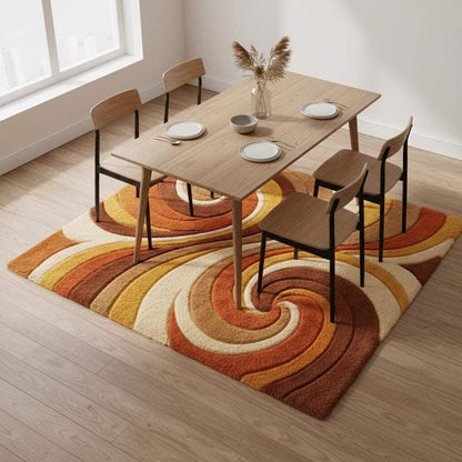 Retro Abstract Wool Area Rug, Hand Tufted High Pile Swirl Carpet, Mid Century Modern Living Room Rug, Warm Orange Mustard Home Decor