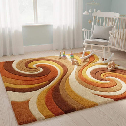Warm tone wool rug featuring burnt orange, mustard yellow, cream and caramel brown colors blended in an artistic swirl pattern