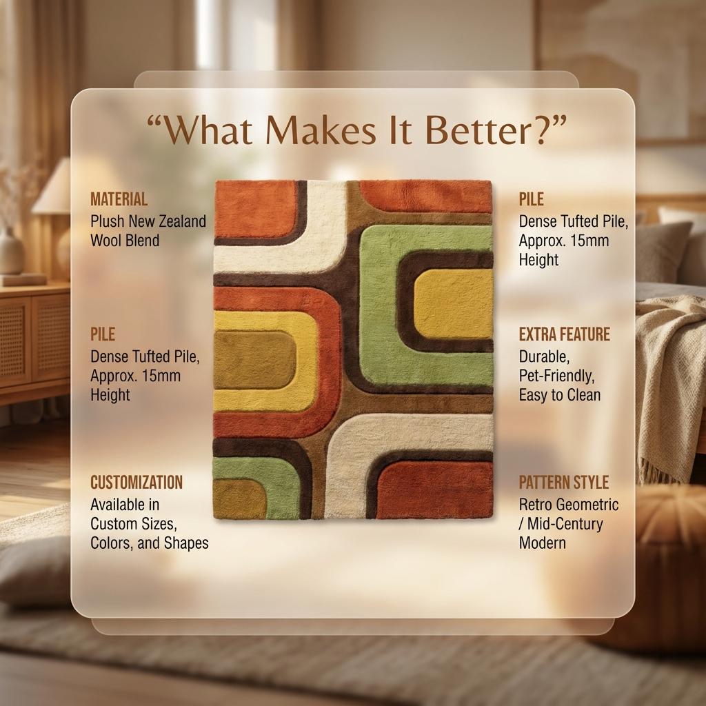 Colorful retro rug displaying burnt orange, mustard yellow, olive green, cream, and dark brown tones in a balanced geometric layout.
