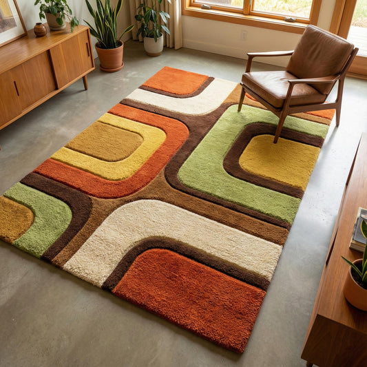 Retro geometric area rug with curved abstract pattern and earthy tones for mid century modern decor
