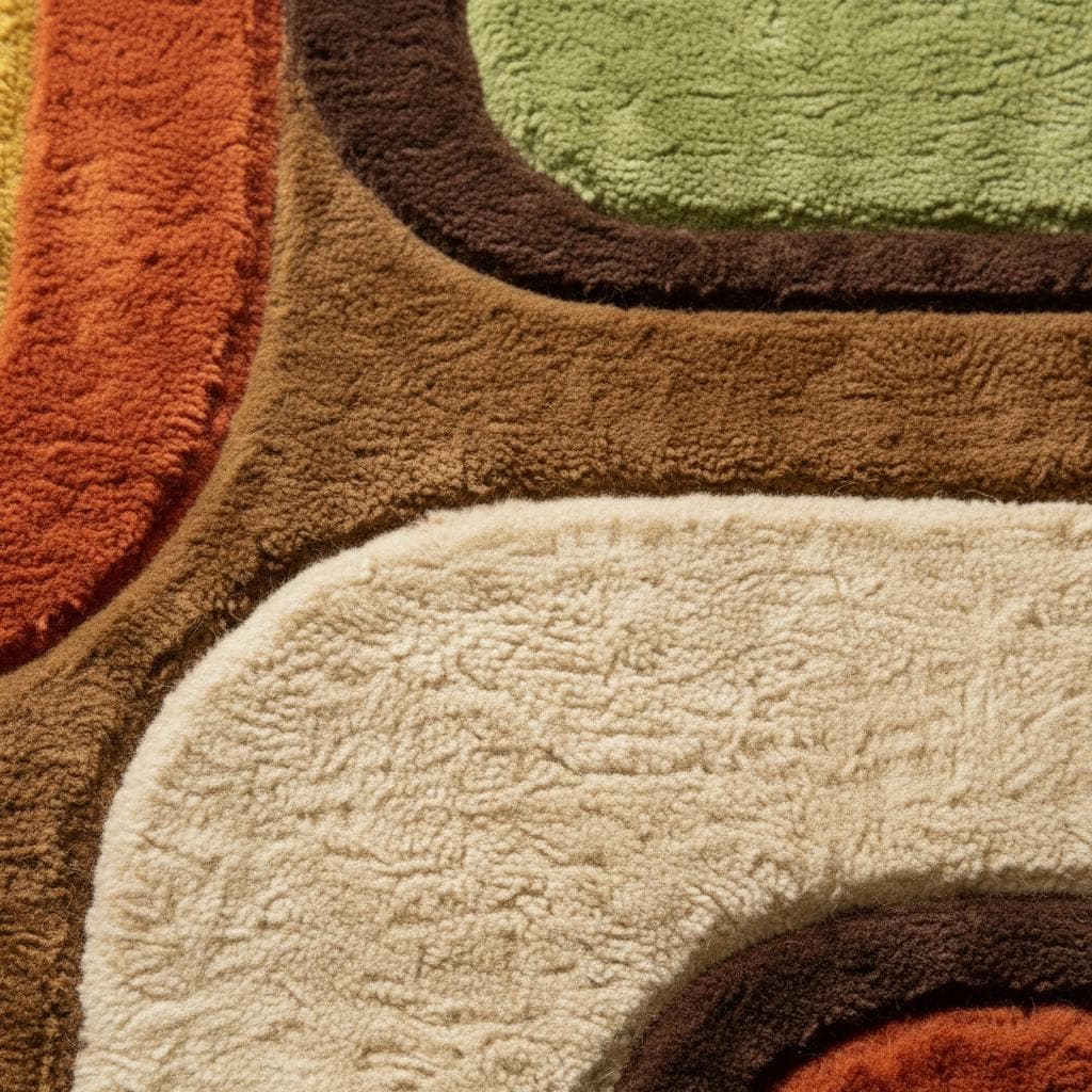 Close-up of hand tufted plush rug showing dense high-pile texture, soft fibers, curved geometric edges, and detailed craftsmanship.