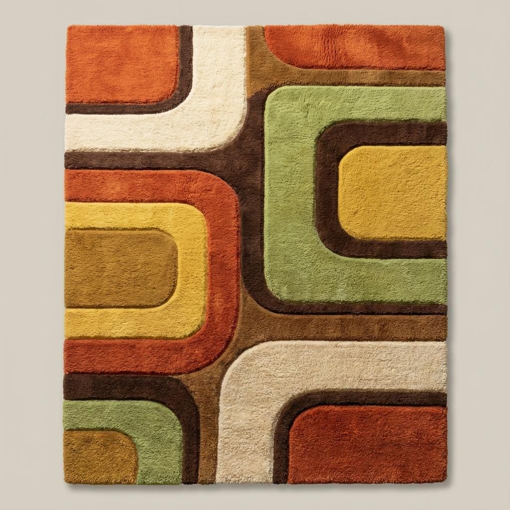 Abstract curved block design on retro area rug featuring layered shapes inspired by 70s mid century patterns.