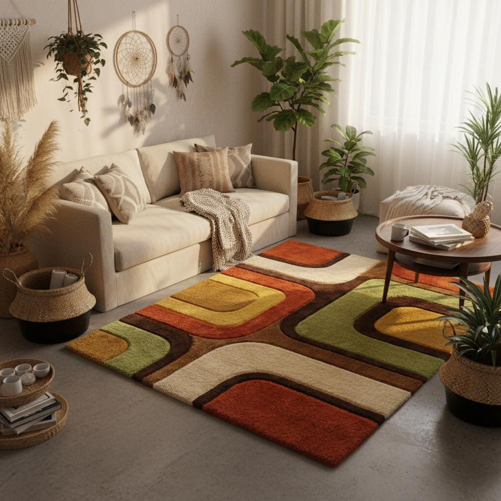 Mid century modern living room styled with retro geometric rug, wooden furniture, indoor plants, and warm natural lighting.