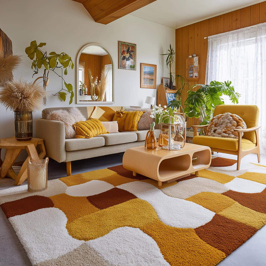 Retro geometric area rug in mustard yellow, brown, and white with an abstract mid-century modern pattern