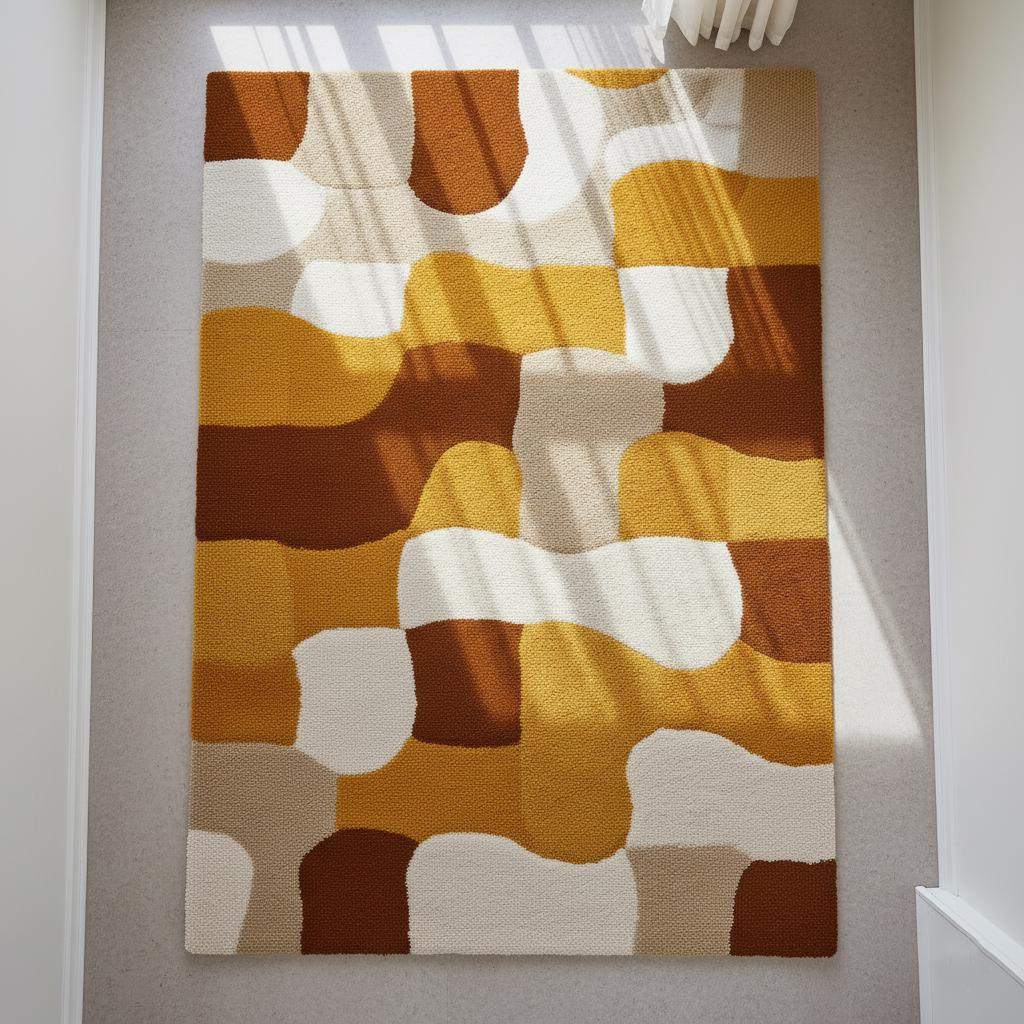 Retro Geometric Area Rug: Mustard Yellow, Brown & White Abstract Carpet