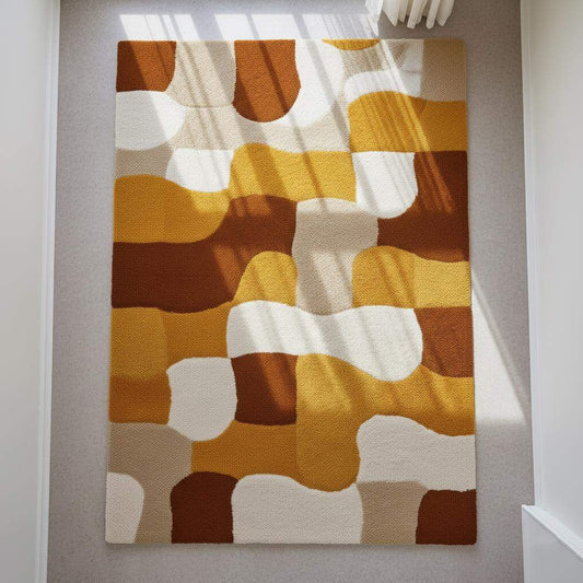 Retro Geometric Area Rug: Mustard Yellow, Brown & White Abstract Carpet