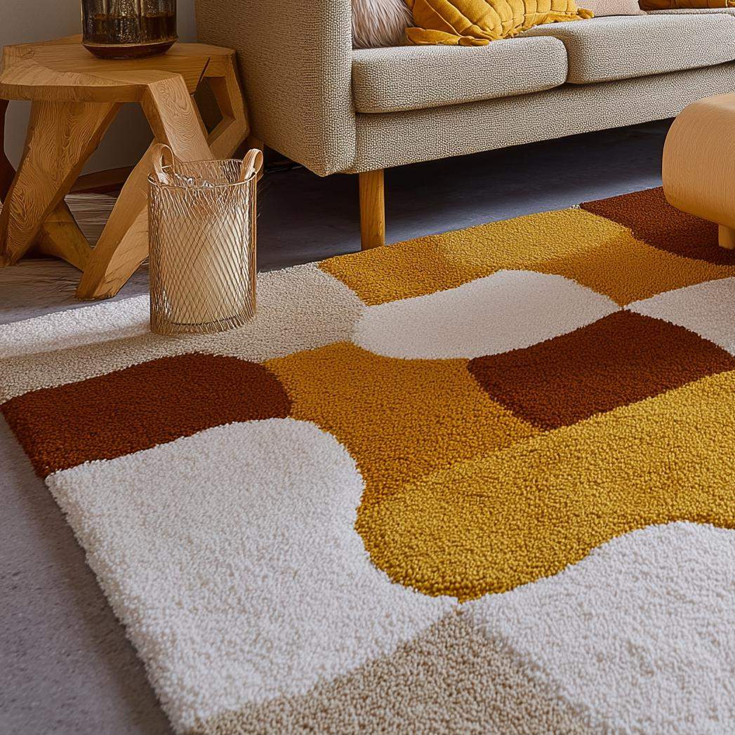 Retro Geometric Area Rug: Mustard Yellow, Brown & White Abstract Carpet