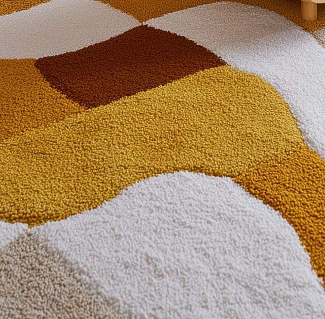 Retro Geometric Area Rug: Mustard Yellow, Brown & White Abstract Carpet