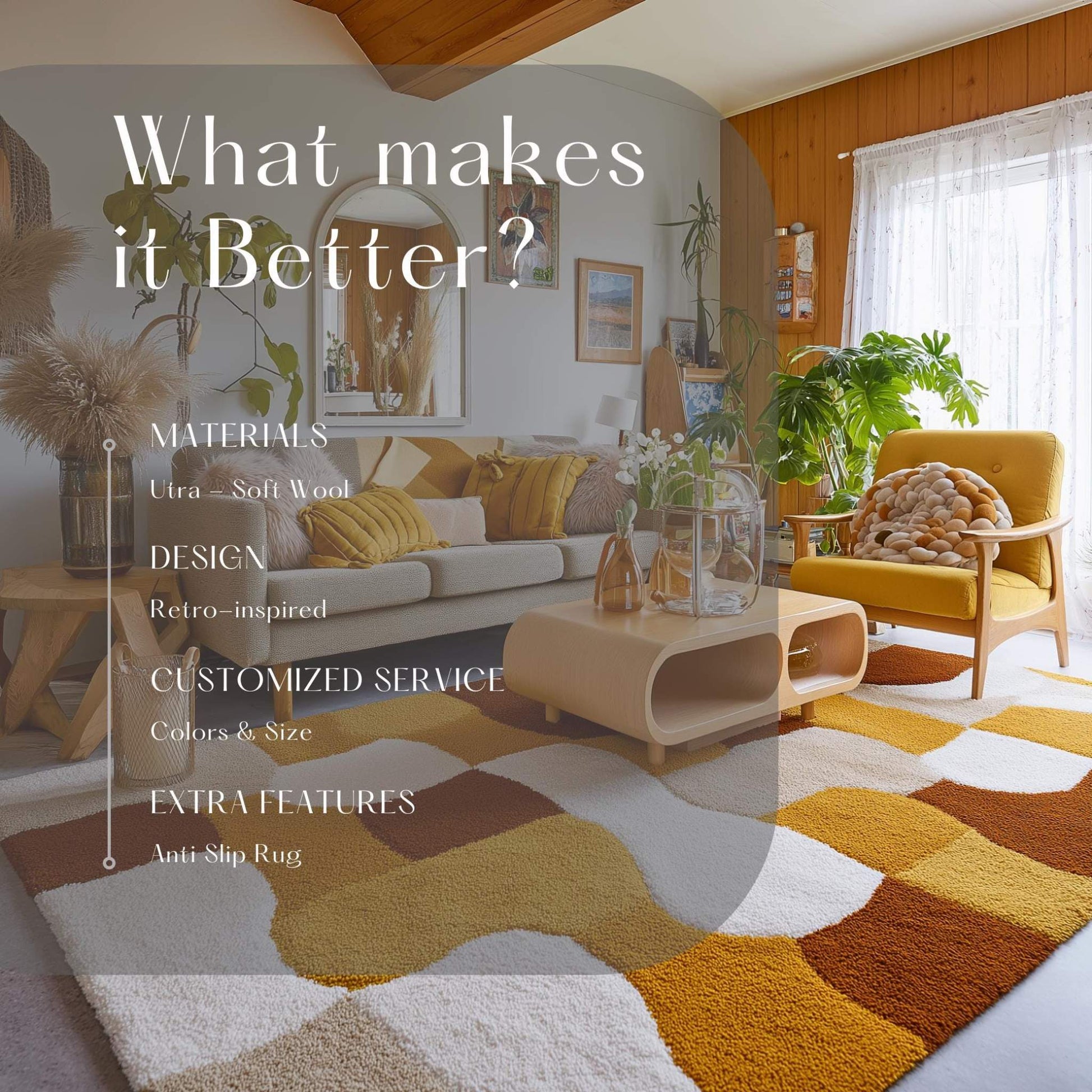 Retro Geometric Area Rug: Mustard Yellow, Brown & White Abstract Carpet