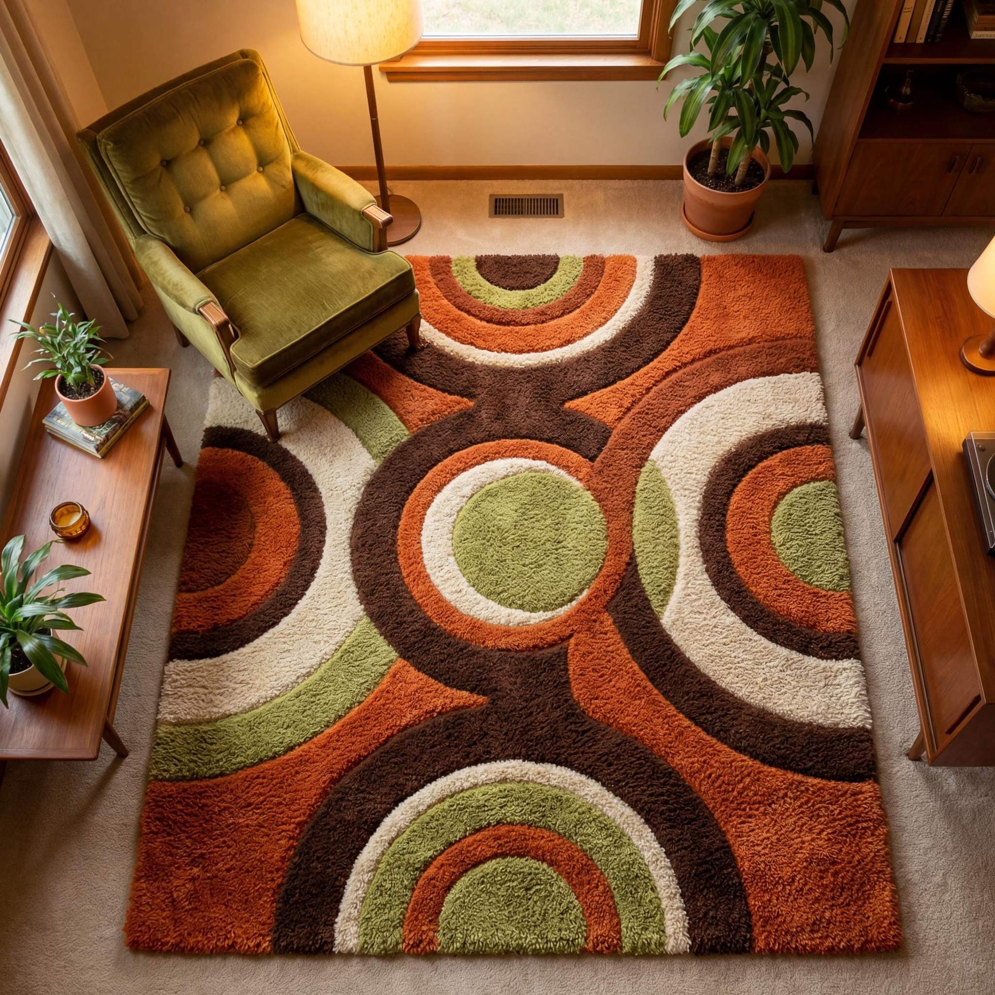 Modern tufted wool rug with geometric circle pattern in orange green and brown tones for living room decor __etsy:7854783322