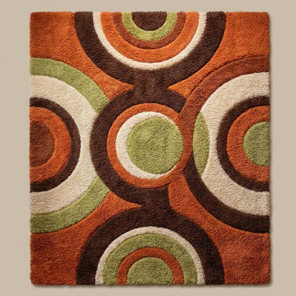 Retro style geometric area rug with concentric circles in earthy tones for mid century interiors __etsy:7902745095