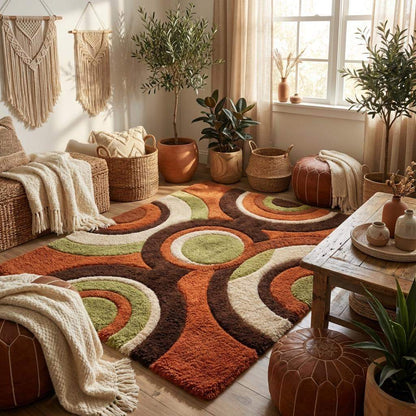 Plush tufted area rug in burnt orange olive green and cream placed in modern home setting __etsy:7902745103