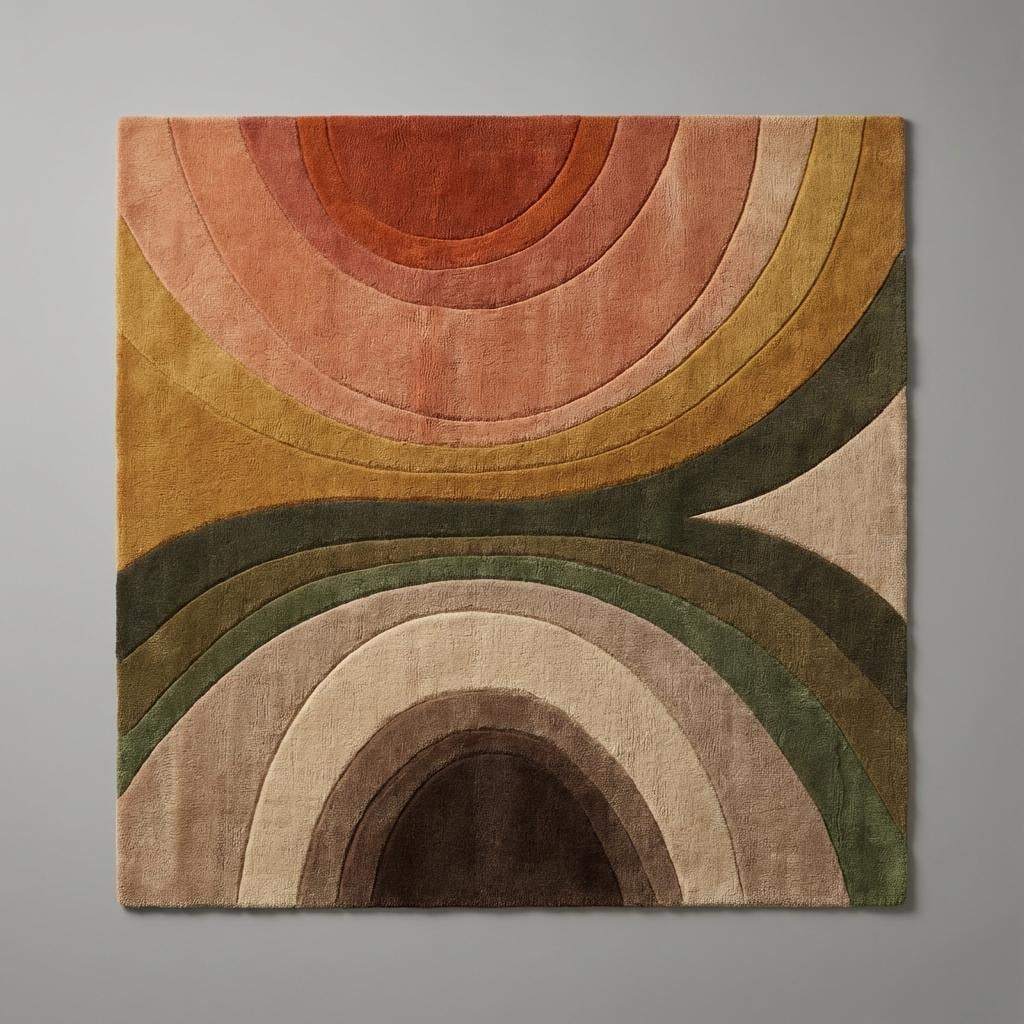 Abstract arched pattern rug with layered curved shapes and raised sculpted pile for a modern retro look