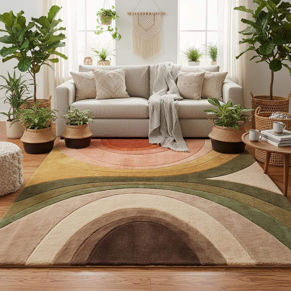 Mid century modern living room rug with warm rust, mustard, olive, and beige tones adding depth and movement