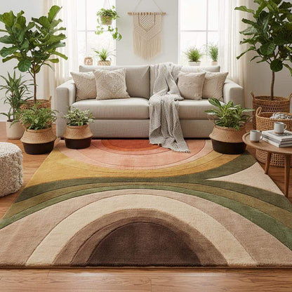 Mid century modern living room rug with warm rust, mustard, olive, and beige tones adding depth and movement