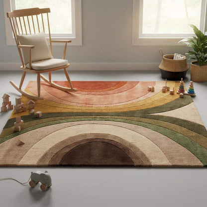 Hand tufted artisan rug with carved detailing and plush cut pile craftsmanship, finished edges visible