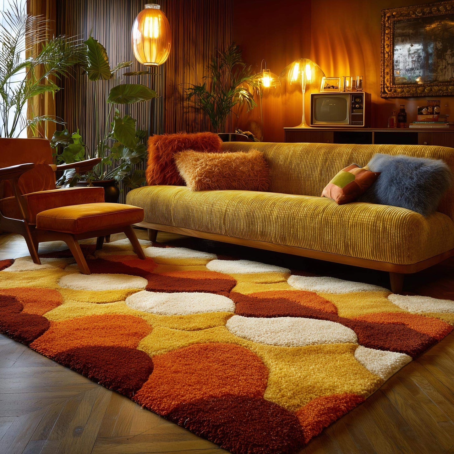 Retro shag rug with deep pile and geometric circles in 70s style colors