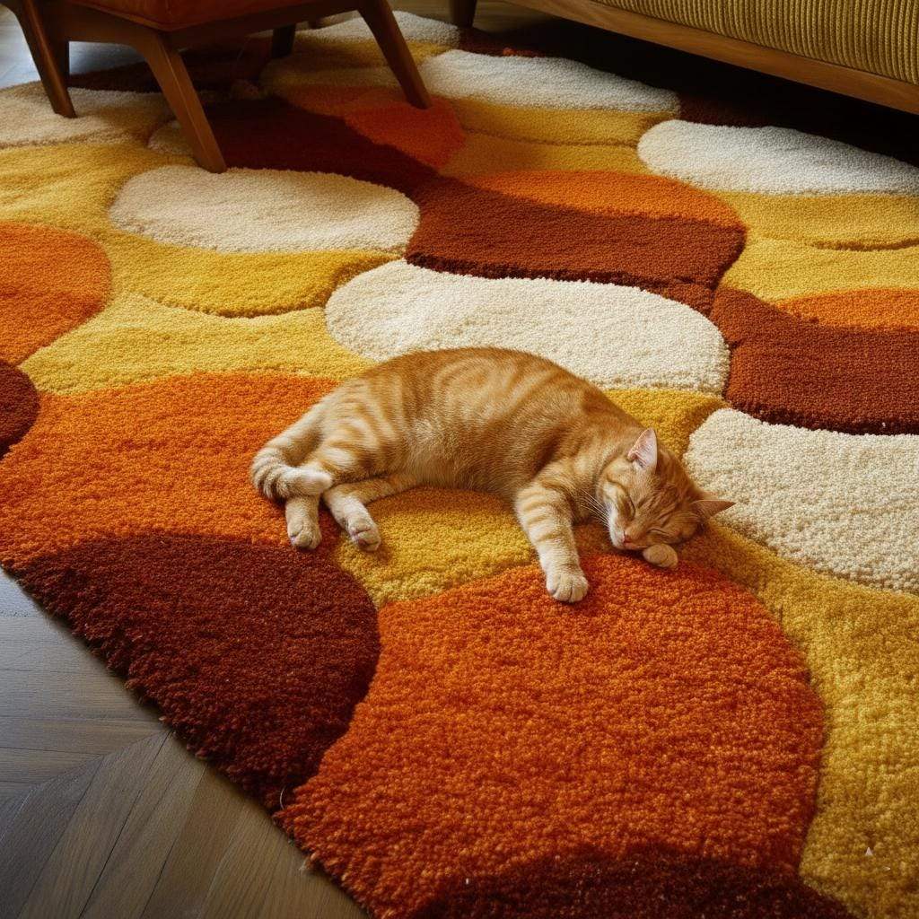 Retro shag rug with geometric circles in burnt orange and warm tones, 70s style hand-tufted wool design