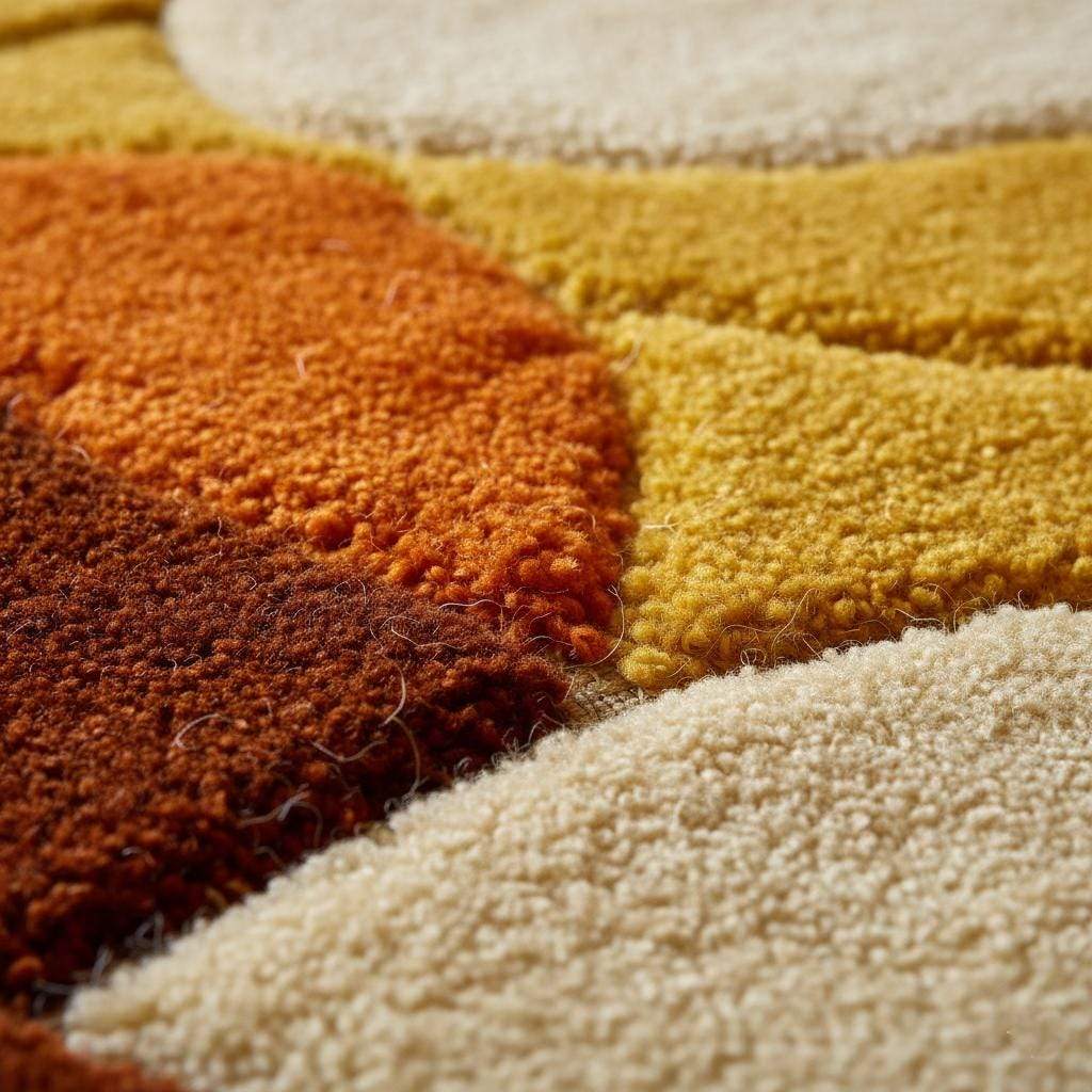 Retro shag rug with geometric circles in warm 70s colors and deep wool pile