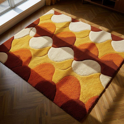 Retro shag rug with geometric circles in burnt orange, brown, yellow, and cream, hand-tufted wool, 70s style