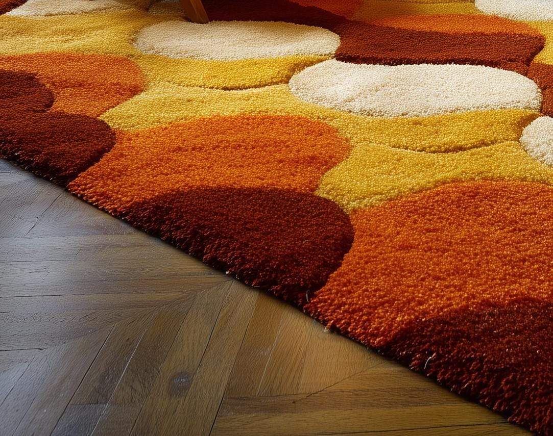 Retro shag rug with geometric circles in warm 70s colors, hand-tufted wool, and deep shag pile