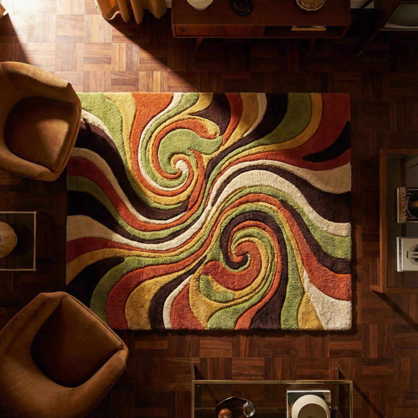 Retro Swirl Tufted Area Rug with 70s psychedelic abstract wool design in warm earthy tones