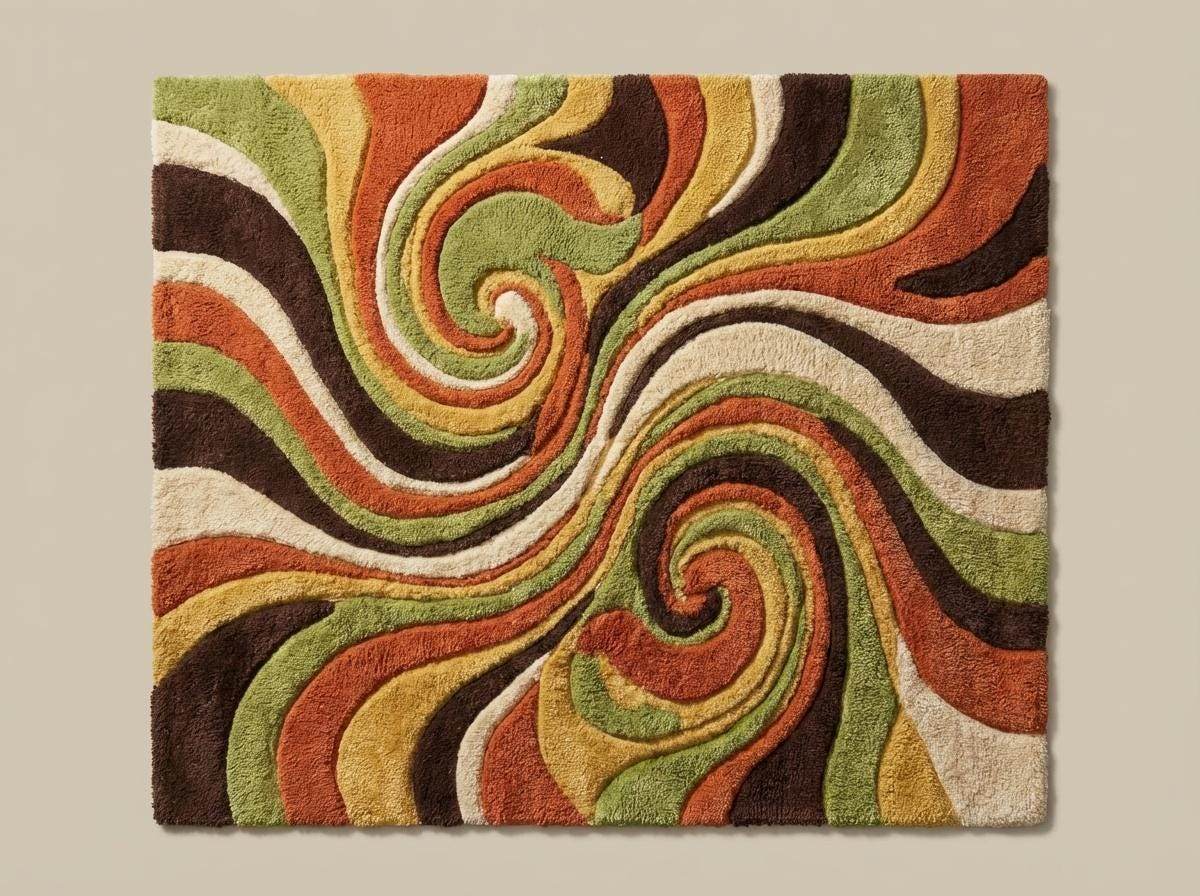 Vintage inspired abstract area rug with retro 1970s color palette and sculpted swirl pattern