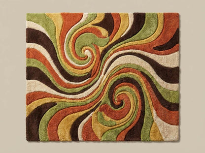 Vintage inspired abstract area rug with retro 1970s color palette and sculpted swirl pattern