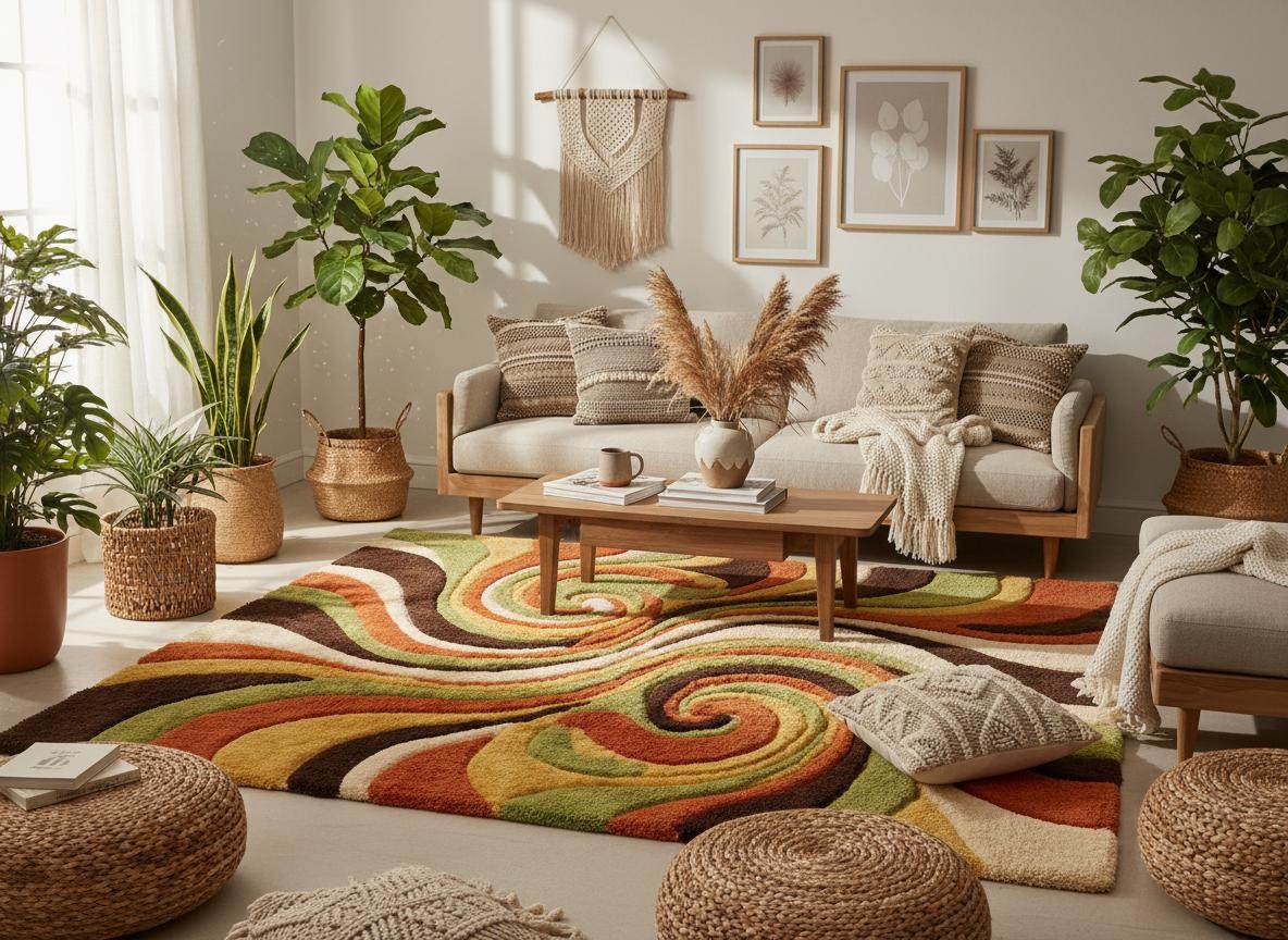 Hand tufted mid century modern rug featuring bold groovy swirl design and thick high pile wool texture