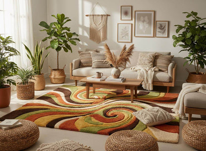 Hand tufted mid century modern rug featuring bold groovy swirl design and thick high pile wool texture