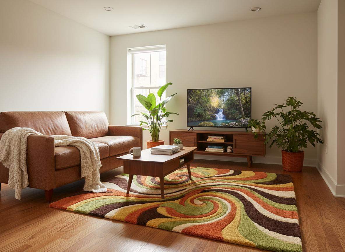 Psychedelic swirl rug made from premium wool, perfect statement piece for modern retro home décor