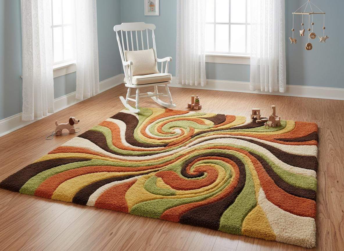 Mid century modern living room featuring a retro abstract wool rug with groovy 70s swirl design